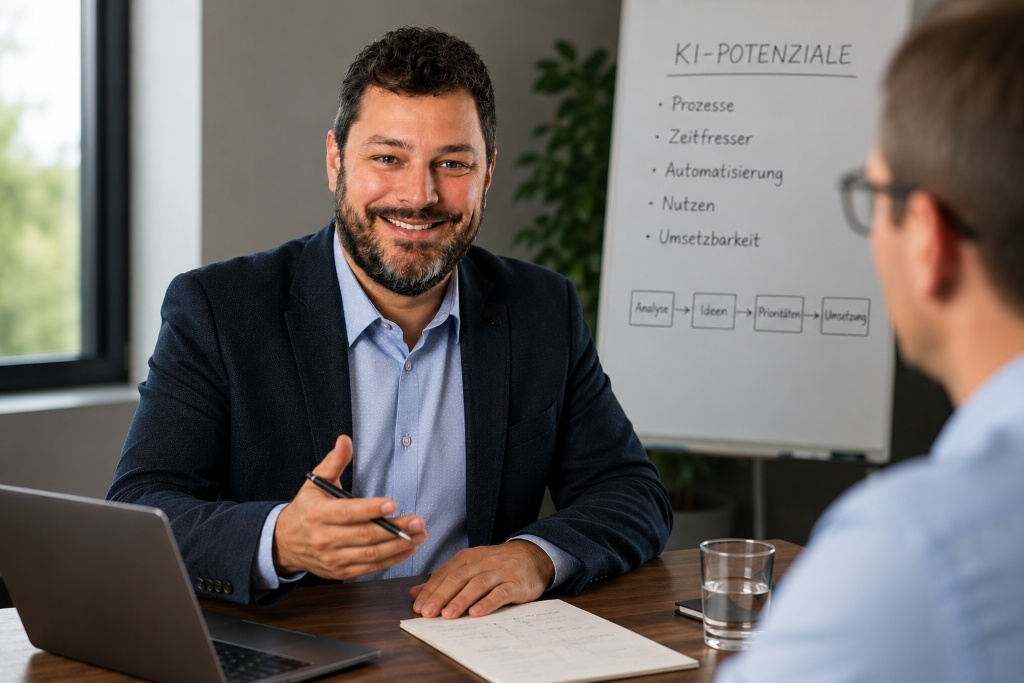 Nando Tschäppät in einem KI-Beratungsgespräch mit einem KMU-Kunden – Flipchart KI-Potenziale im Hintergrund