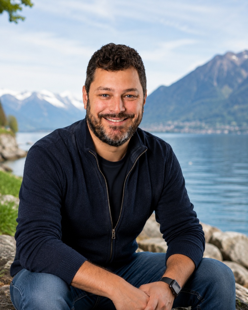 Nando Tschäppät – KI-Sparringpartner für Schweizer KMU, vor Schweizer Bergsee